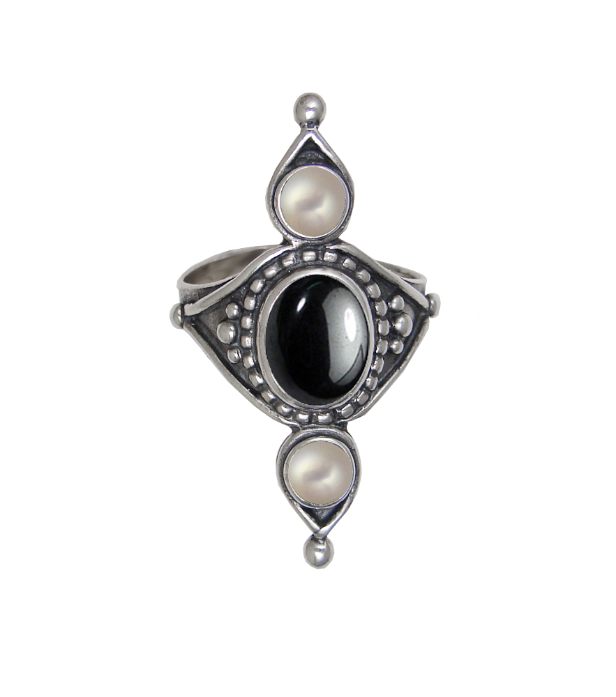 Sterling Silver Royal Ring With Hematite And Cultured Freshwater Pearl Size 10